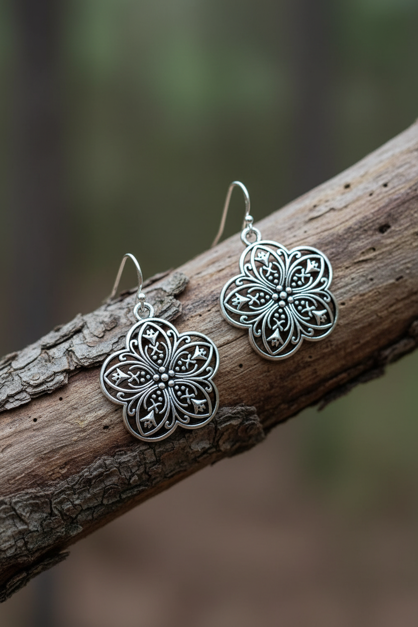 Vintage Filigree Flower Drop Earrings | Stainless Steel Boho Dangle Earrings