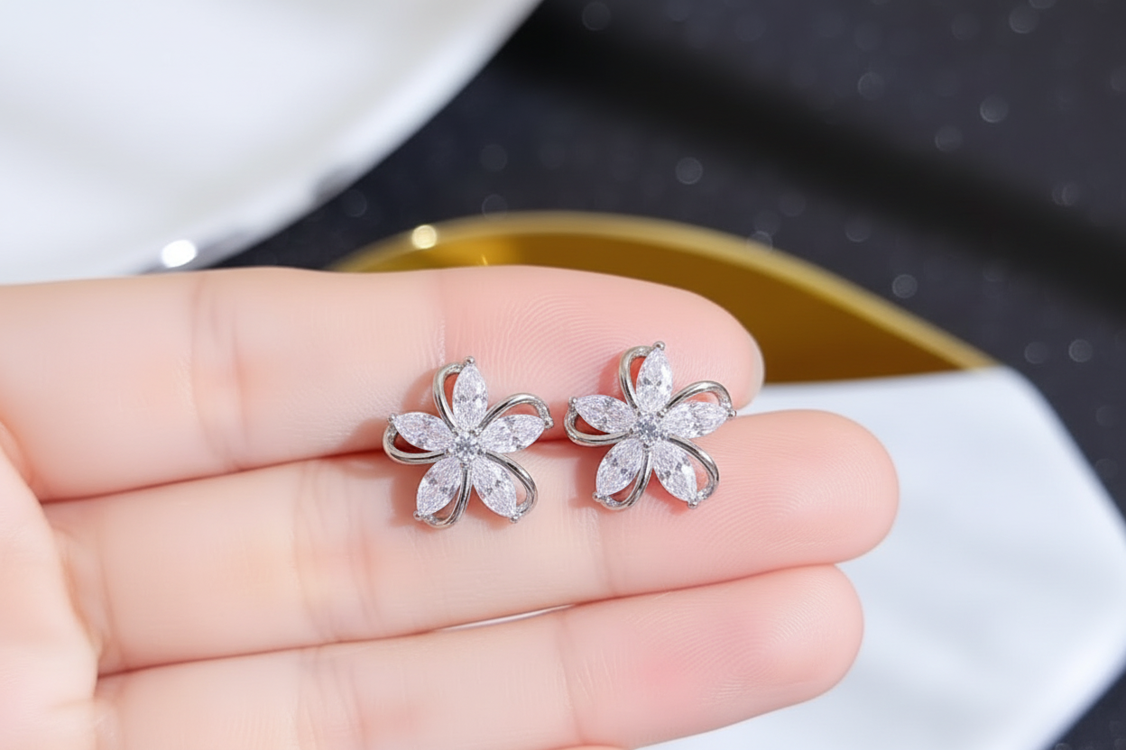 Five Petal Cubic Zirconia Stud Earrings | Silver Plated CZ Flower Studs