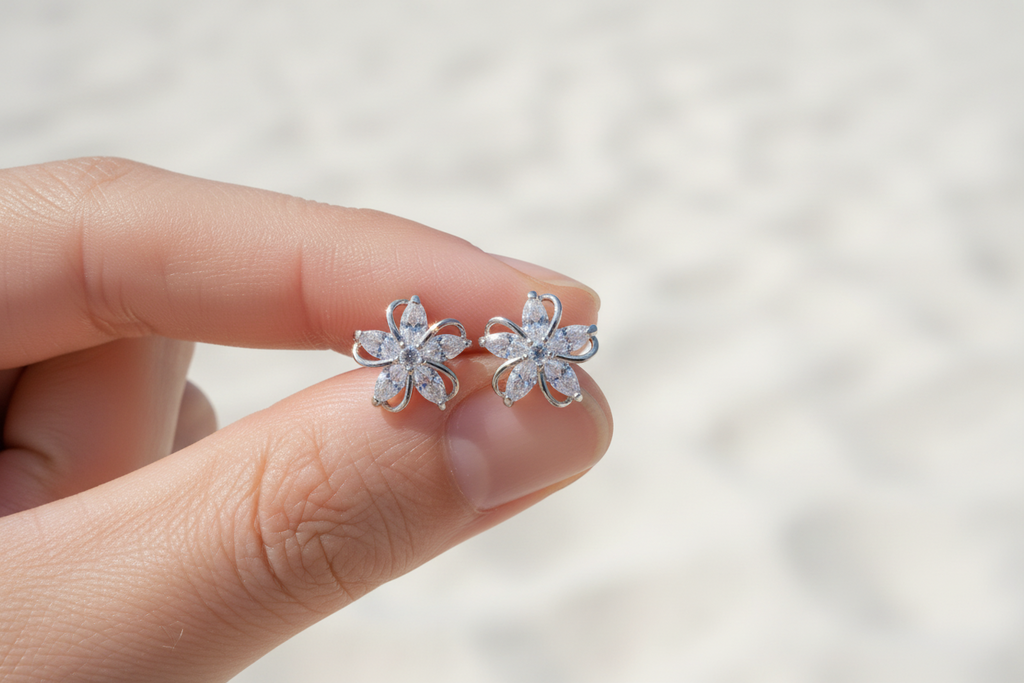 Five Petal Cubic Zirconia Stud Earrings | Silver Plated CZ Flower Studs