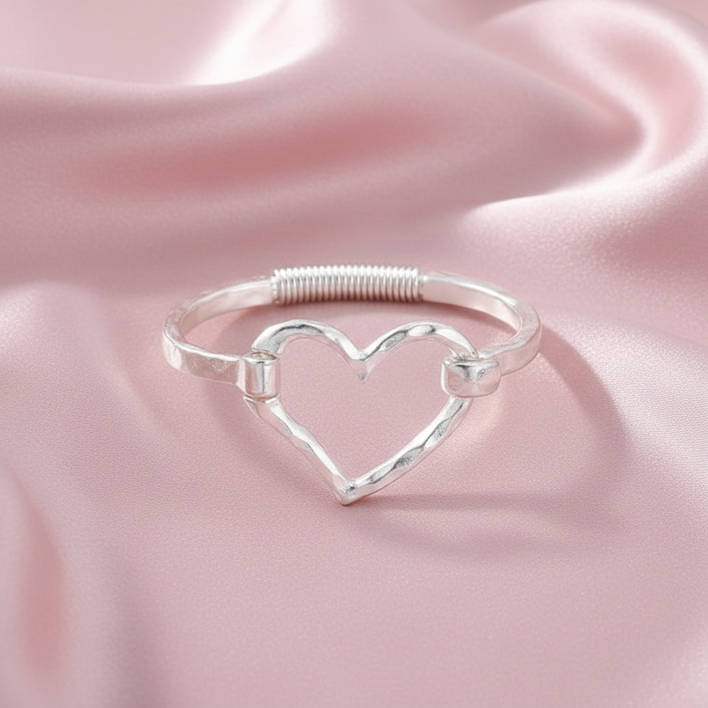Vintage/Romantic Hand Hammered Stainless Steel Heart Bangle Bracelet | Adjustable No Tarnish
