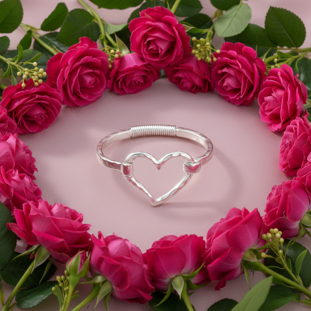 Vintage/Romantic Hand Hammered Stainless Steel Heart Bangle Bracelet | Adjustable No Tarnish
