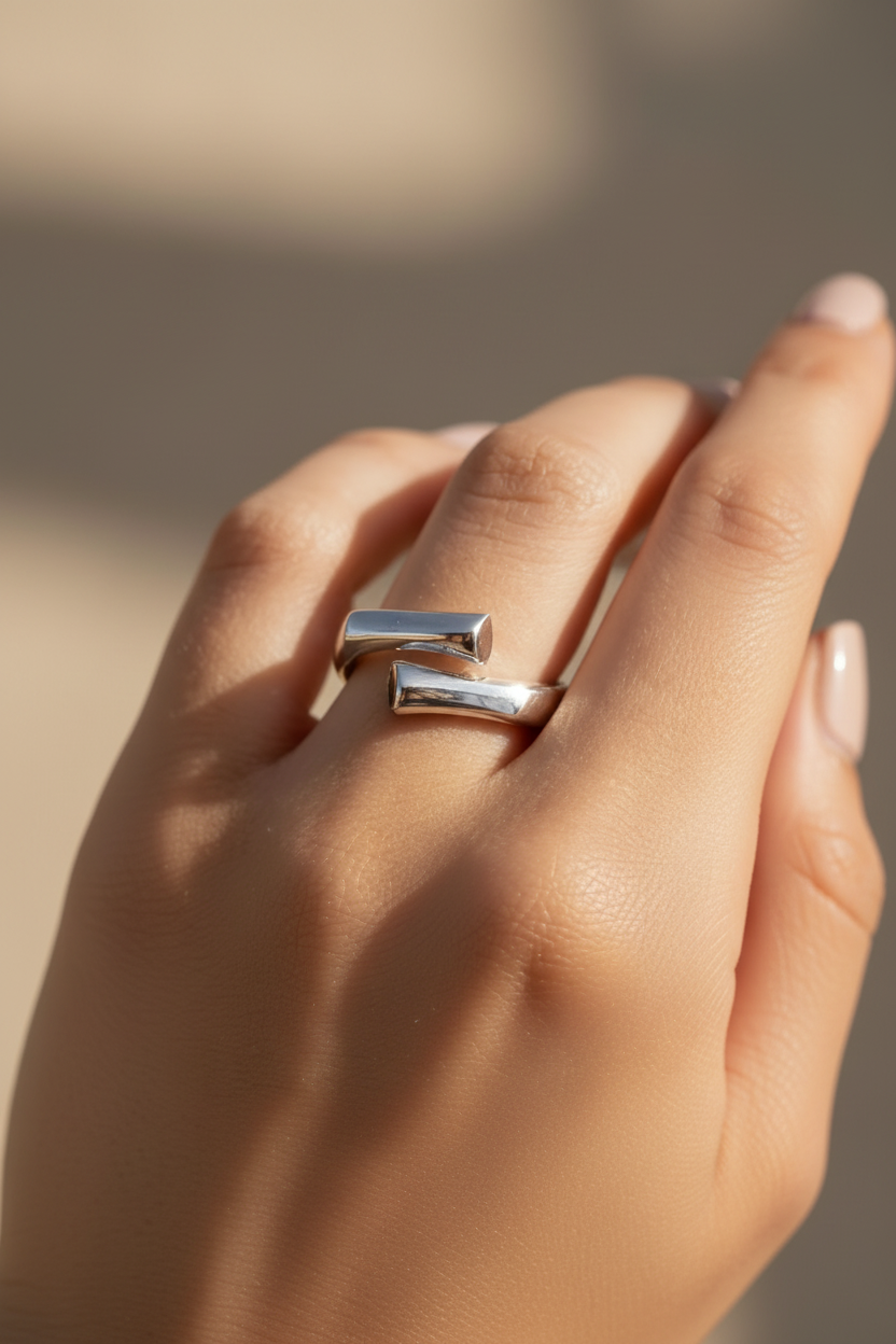 Art Deco Modern Luxe Adjustable Silver Ring | Stainless Steel | Sizes 5–9 | Tarnish-Resistant | Includes Polishing Cloth