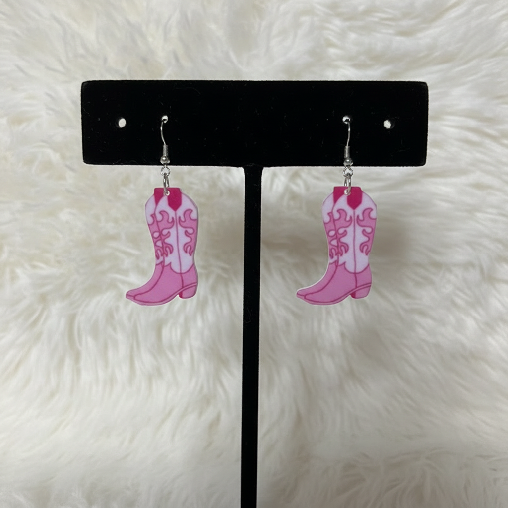 Pink Cowboy Boot Dangle Earrings | 2D Flat with Swirl Detail