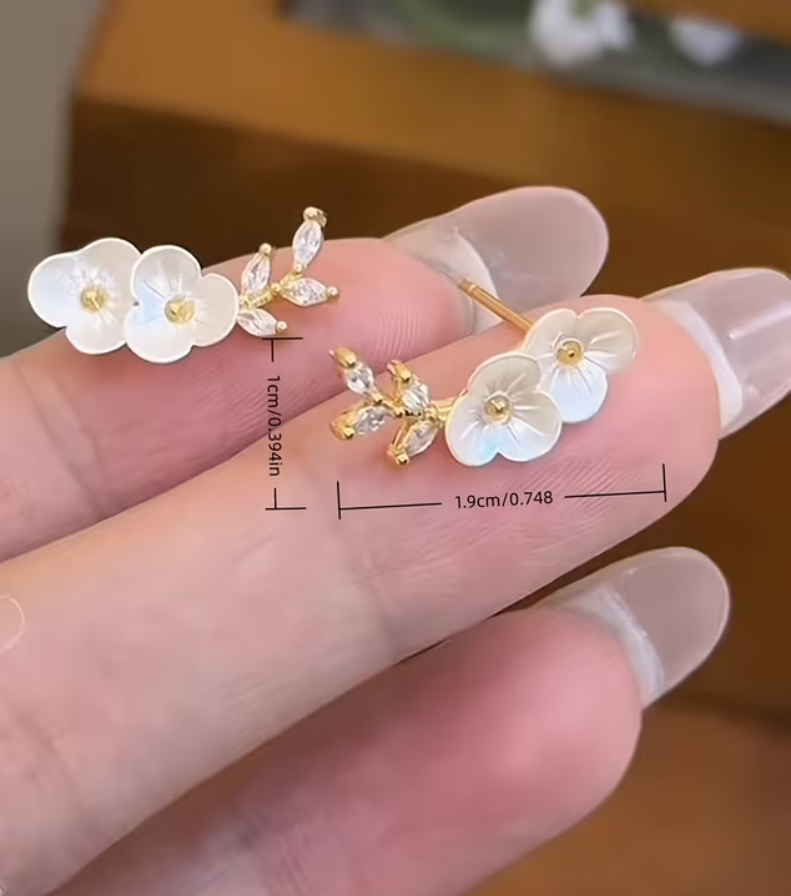 Plum Blossom Branch Stud Earrings | White Flower & Leaf Detail