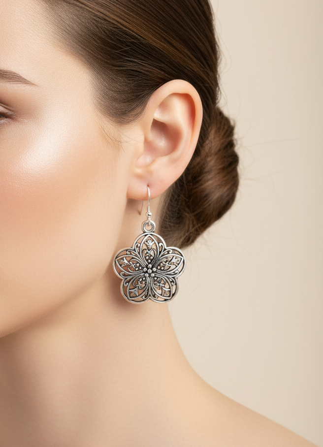 Vintage Filigree Flower Drop Earrings | Stainless Steel Boho Dangle Earrings