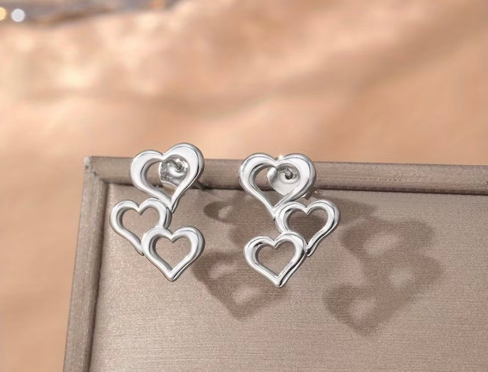 Classic Triple Heart Stainless Steel Earrings | Silver