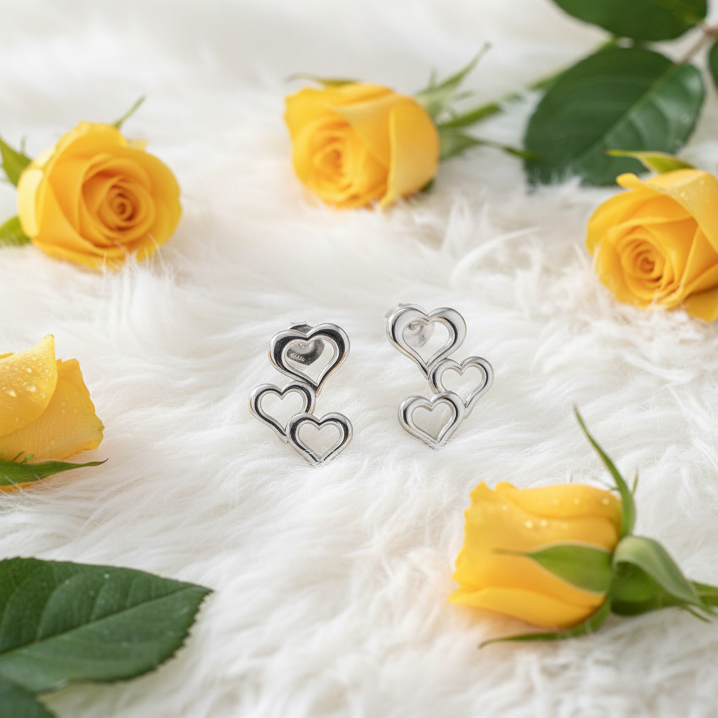 Triple Heart Cascade Earrings | Tarnish-Resistant Silveriik