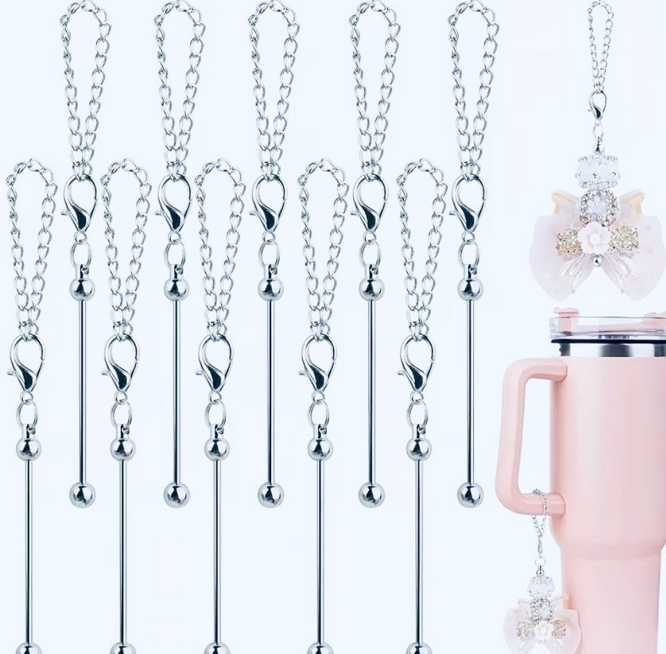 Beadable Tumbler Cup Charm Holder | Metal | Silver | Bead Rod & Chain Included | DIY Craft Accessory