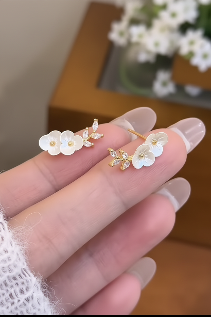 Plum Blossom Branch Stud Earrings | White Flower & Leaf Detail