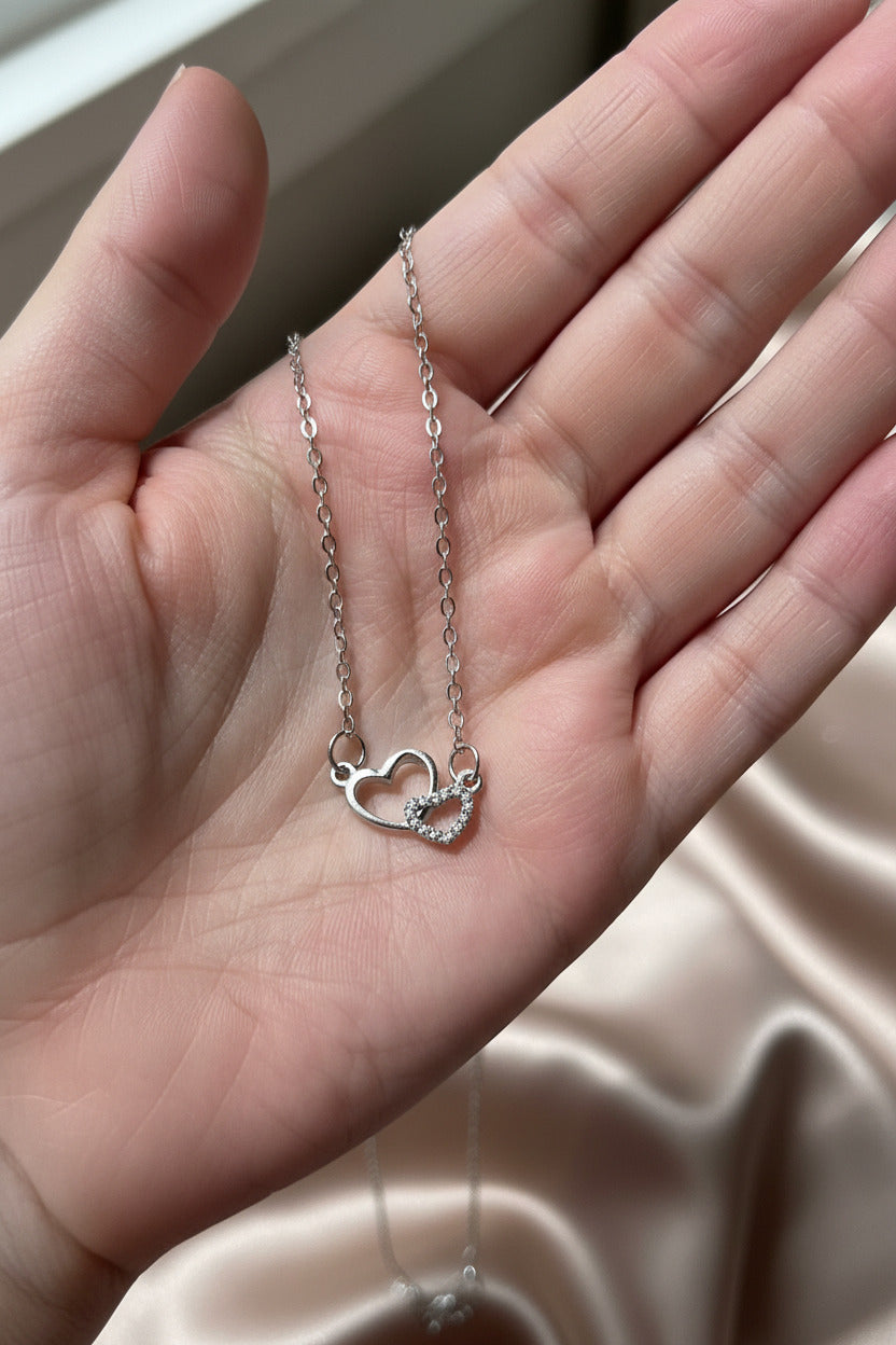 Double Heart Crystal Necklace | Vintage Romance | Sterling Silver-Tone Stainless Steel