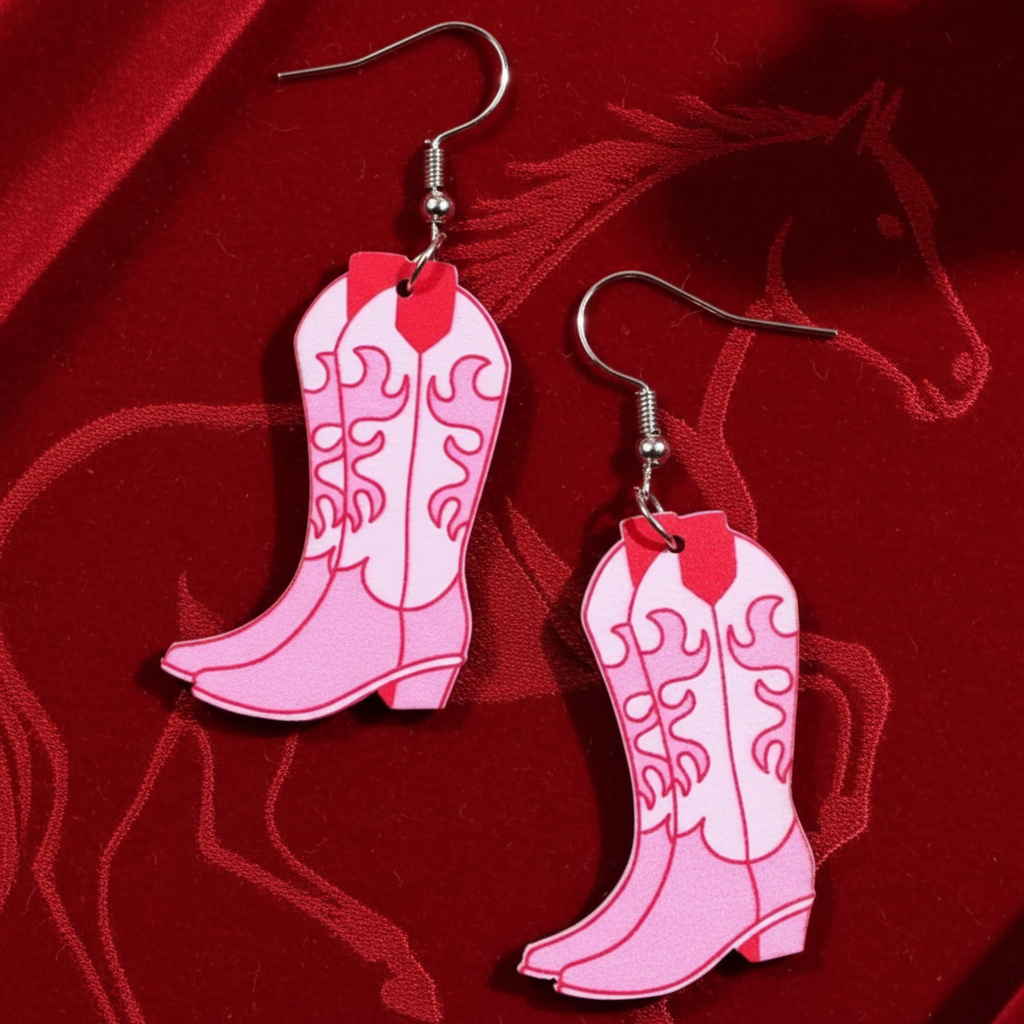 Pink Cowboy Boot Dangle Earrings | 2D Flat with Swirl Detail