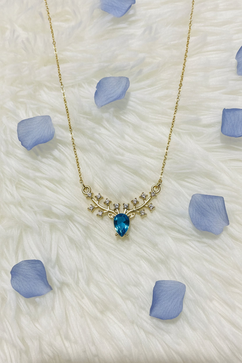 Gold Plated Deer Antler Necklace | Gemstone Face Pendant | Statement Necklace
