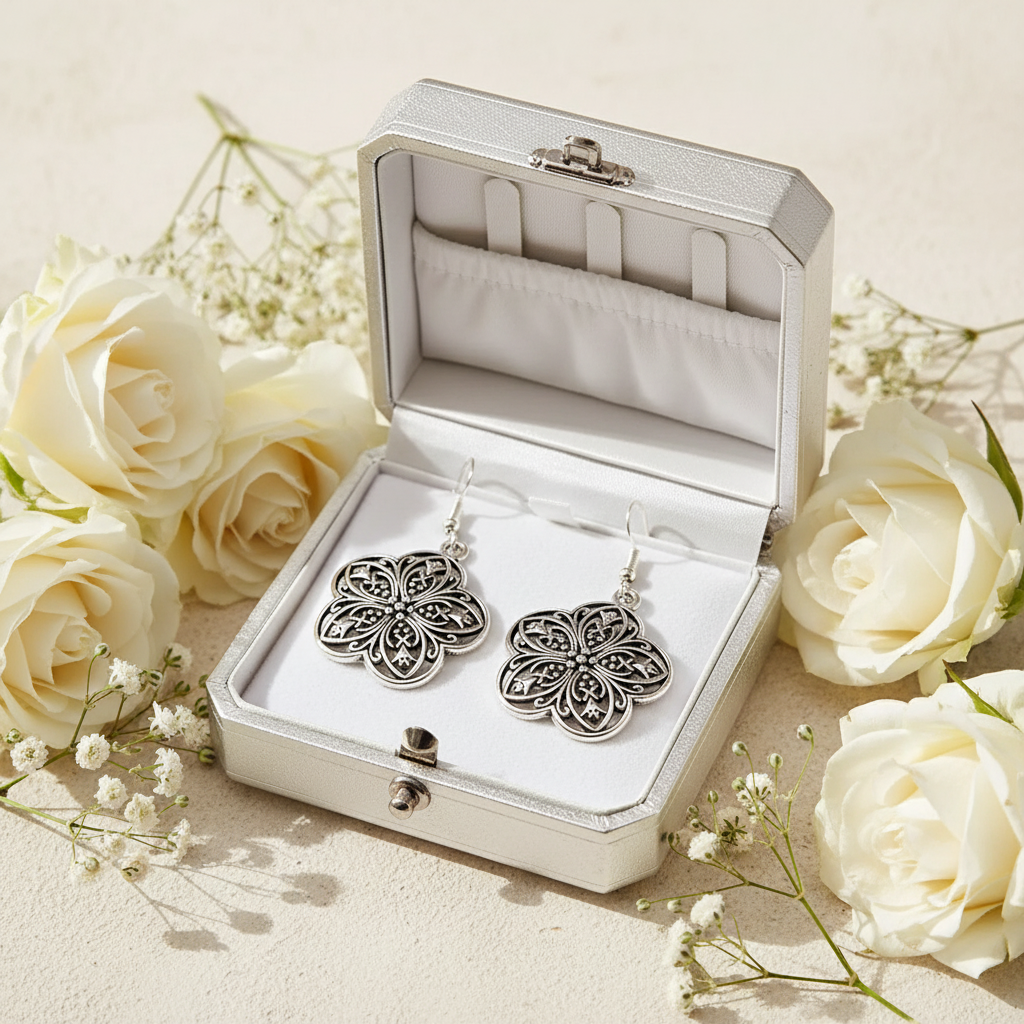 Vintage Filigree Flower Drop Earrings | Stainless Steel Boho Dangle Earrings