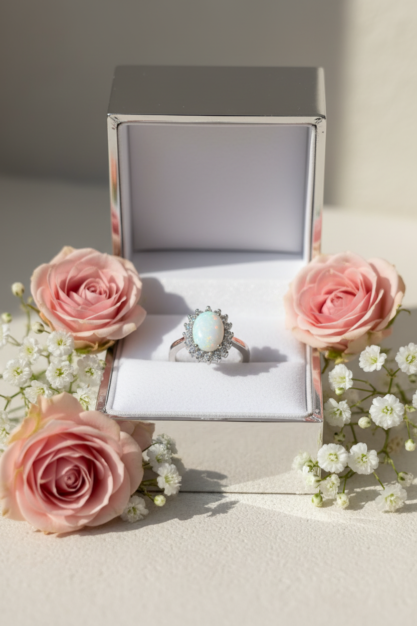 Bohemian Opal & Rhinestone Statement Ring | Silver Plated Boho Ring | Sizes 7 & 8