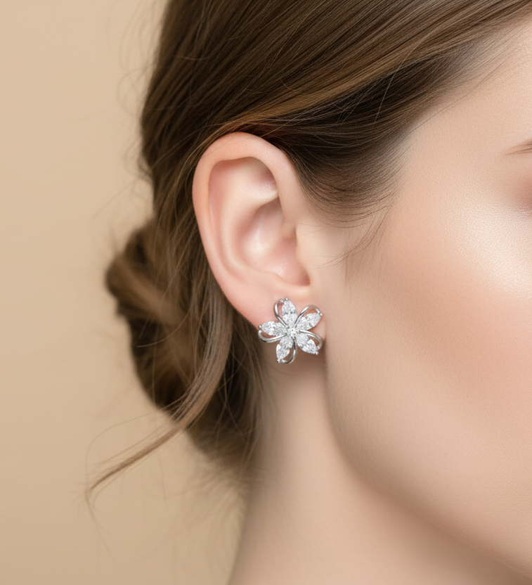 Five Petal Cubic Zirconia Stud Earrings | Silver Plated CZ Flower Studs