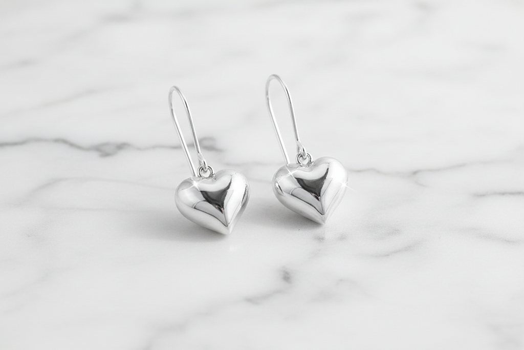 Sterling Silver .925 3D Heart Dangle Earrings | Vintage/Romantic| Includes Polishing Cloth