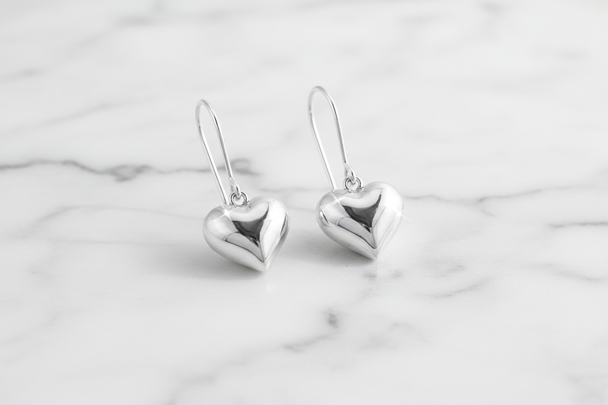 Sterling Silver .925 3D Heart Dangle Earrings | Vintage/Romantic| Includes Polishing Cloth