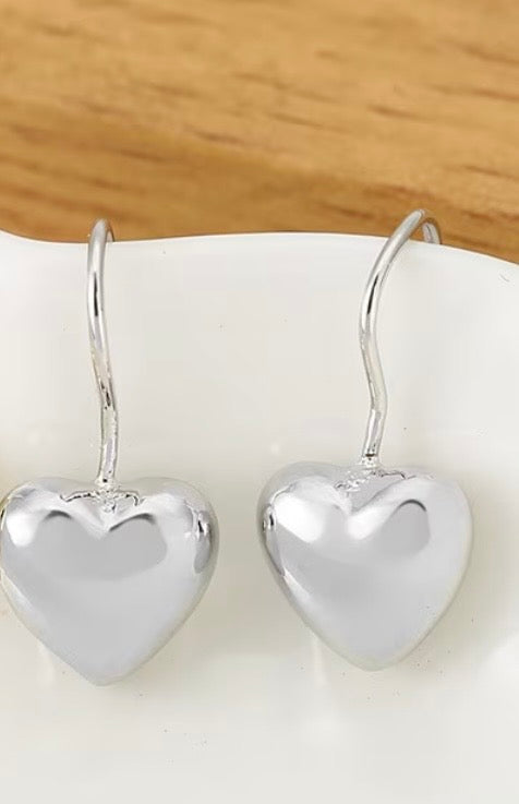 Classic Sterling Silver .925 3D Heart Dangle Earrings