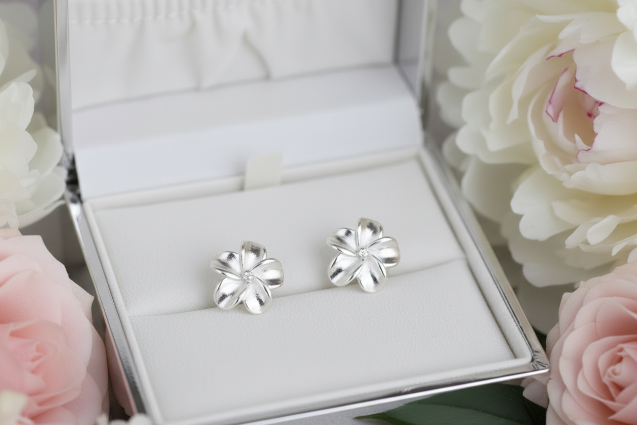 Gardenia Flower Screwback Stud Earrings | Stainless Steel Floral Studs