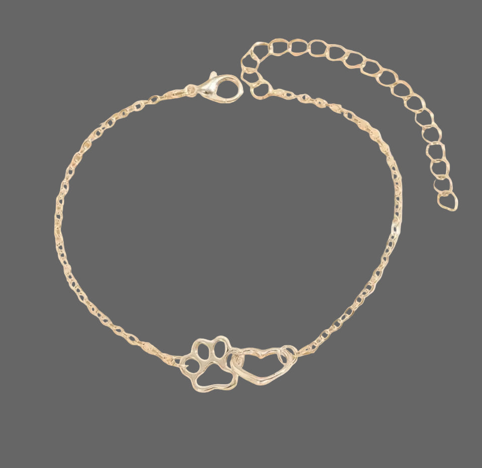 Classic Silver Plated Paw Print & Heart Bracelet / Anklet | Custom Size