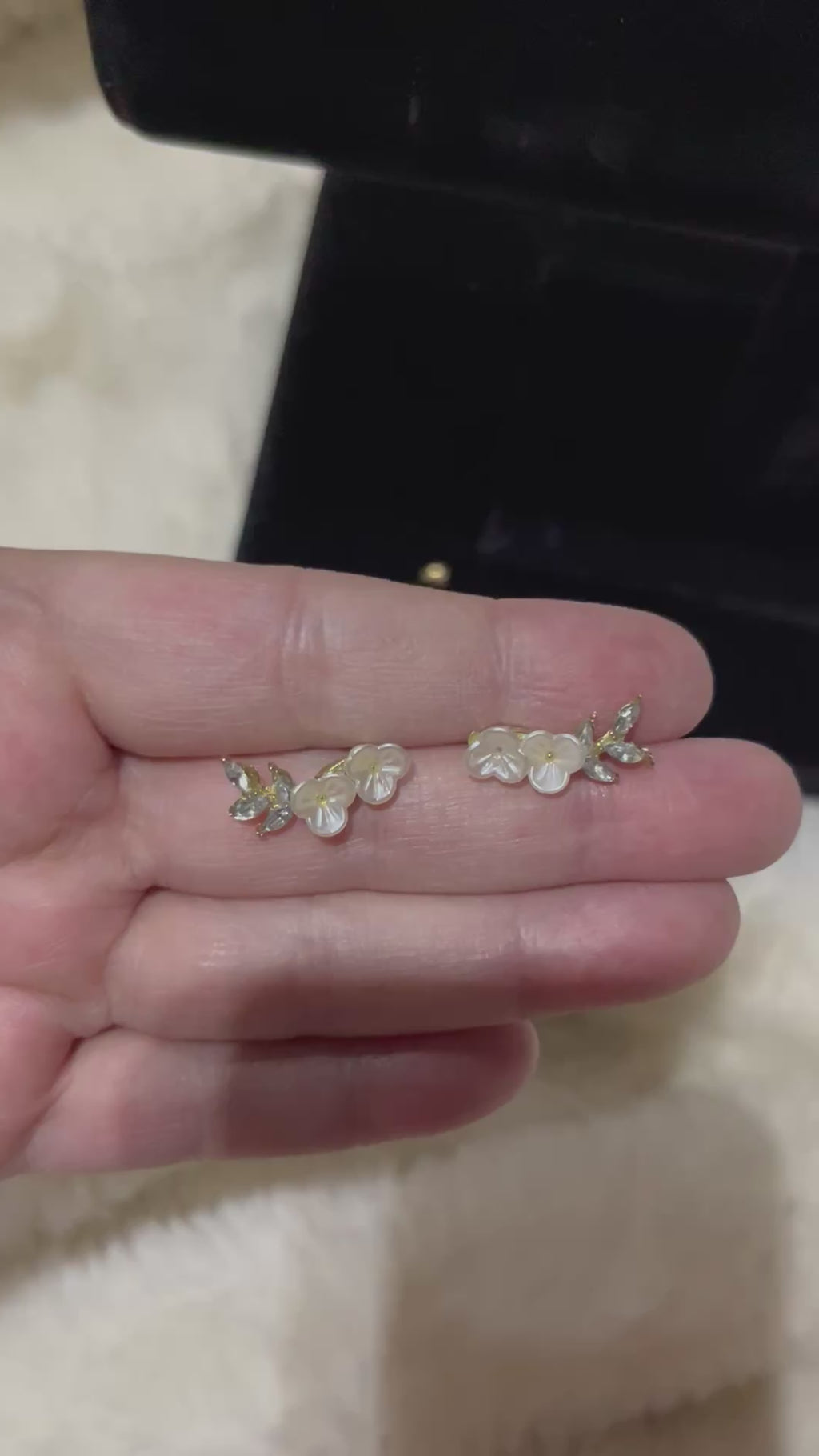 Plum Blossom Branch Stud Earrings | White Flower & Leaf Detail