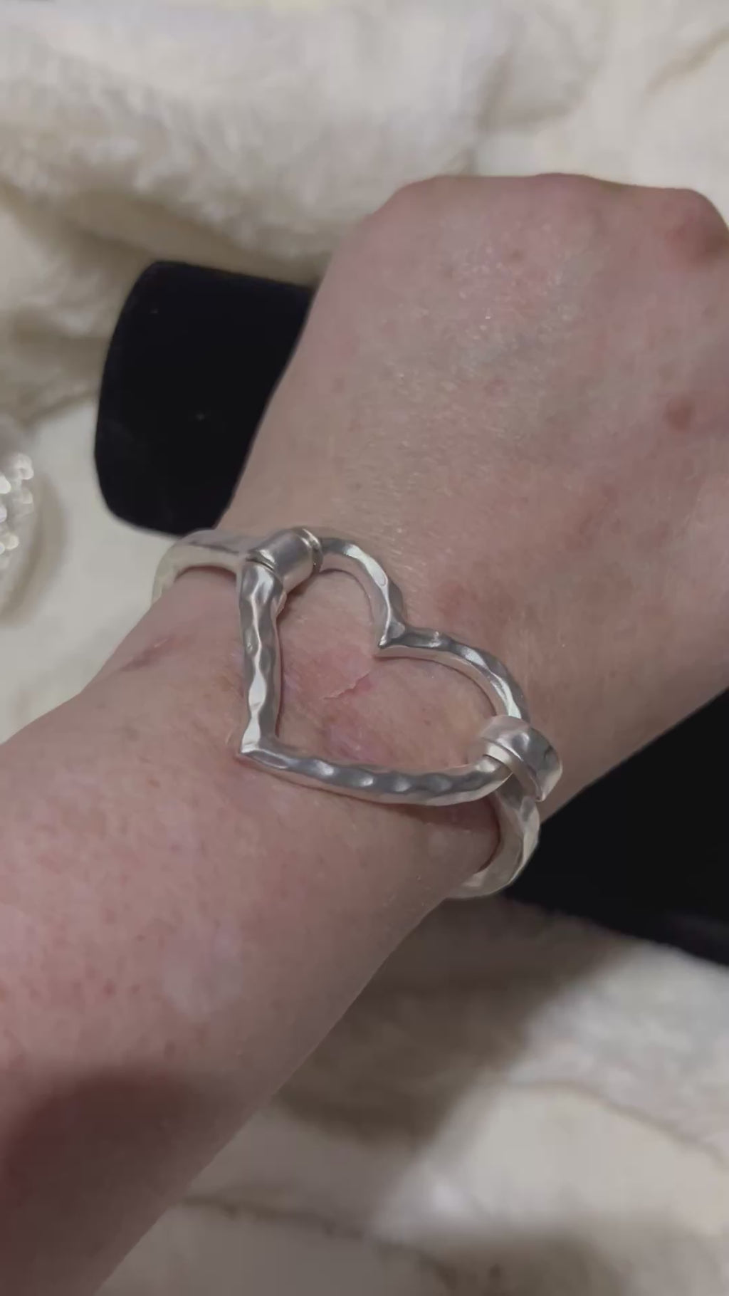 Vintage/Romantic Hand Hammered Stainless Steel Heart Bangle Bracelet | Adjustable No Tarnish