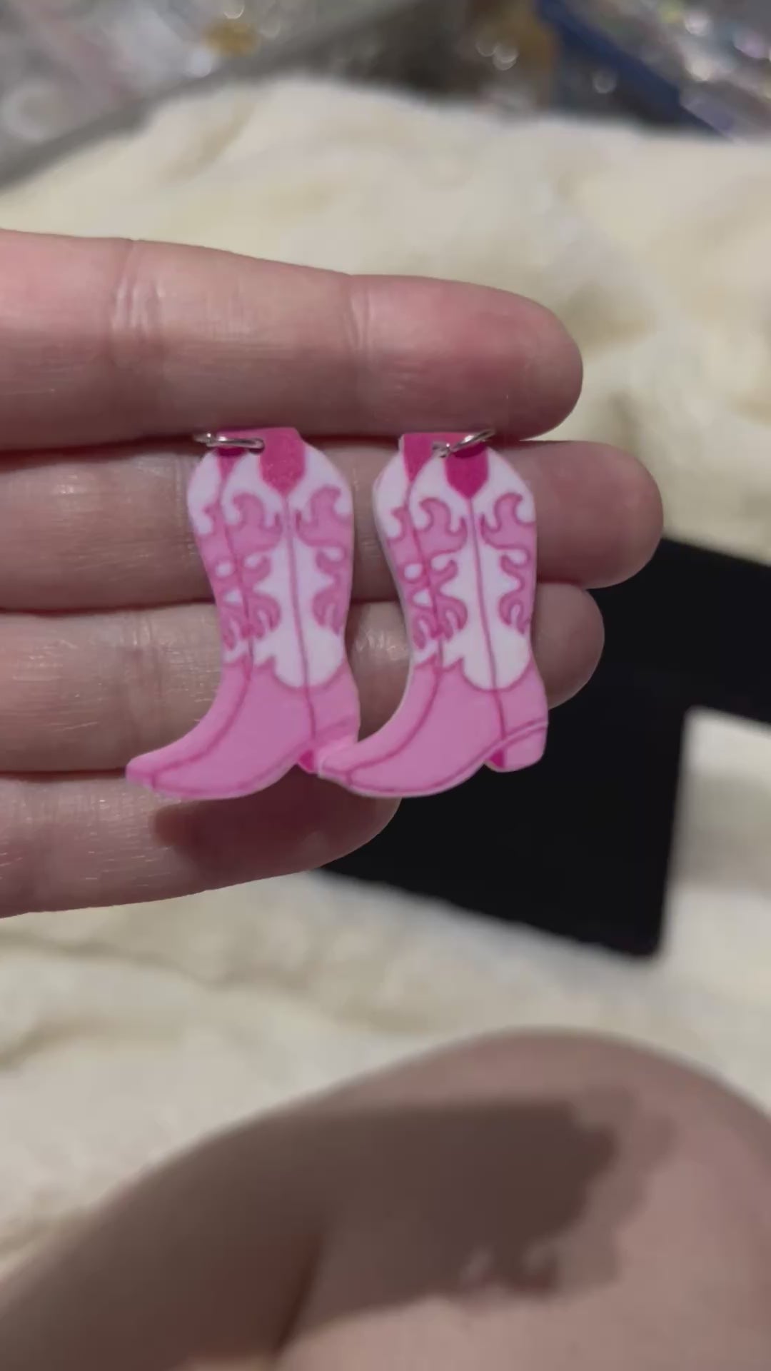 Pink Cowboy Boot Dangle Earrings | 2D Flat with Swirl Detail